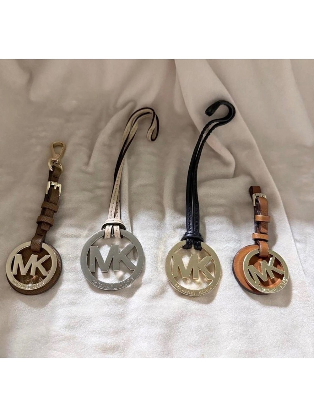 Michael Kors MK Logo Hang Tags Lot of 4 Round Leather Metal Brown Silver Black